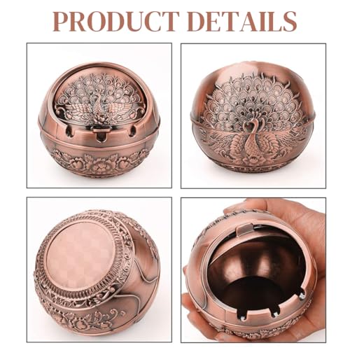 Image of HASTHIP Peacock Ashtray Retro Zinc Alloy Ashtray with Closing Lid Decorative Embossing Peacock Ashtry with 3 Cigarette Holder Grooves Home Gift Car Ashtry, 10x10x9cm