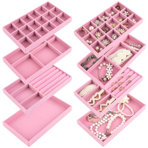 Framendino, 4 Pack Velvet Jewelry Organizer for Drawers Inserts Pink Stackable...