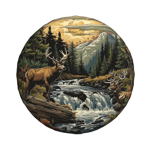 Image of Landscape and Deer Spare Tire Cover Wheel Protectors Weatherproof Deer Pattern Wheel Covers Universal Fit for Trailer RV SUV Truck Camper Travel Trailers Accessories 14 Inch