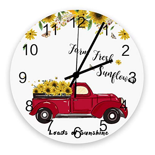 TAOGAN Wall Clock Farm Fresh Sunflower Wood Clock Silent Non Ticking Farmhouse Red Truck Floral Plants Round Clock Battery Operated Decorative Wall Clock 12 Inch