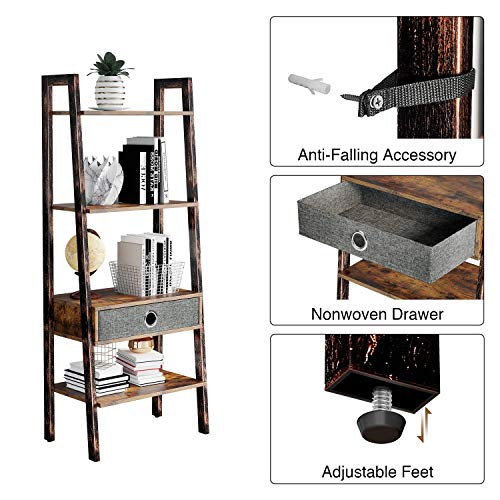 Rolanstar Ladder Shelf with Drawer, Retro Bookshelf, 4-Tier Ladder Bookcase, Utility Organizer Shelves, Stable Metal Frame, for Living Room, Office Room,LD001-A