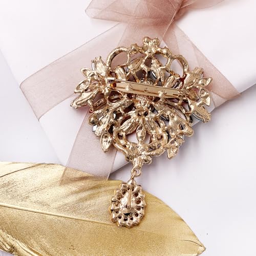 Image of LAXPICOL Wedding Bridal Big Brown Crystal Rhinestone Bouquet Brooch Pin for Women Golden Tone