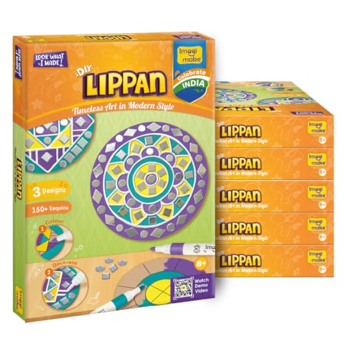 Image of Imagimake DIY Lippan Art Kit | DIY Return Gift - Pack of 6 | Girls Age 8+ | Lippan art kit: 3 wooden bases, 3 acrylic markers, 150+ sequins & 2 clay tubes; mirrorwork, clay & colour; girls 9-12