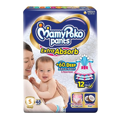 Image of MamyPoko Pants Extra Absorb Baby Diapers, Small(S), 48 Count, 4-8 Kg, Clear