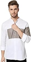 Men's Cotton Blend Casual Shirt Color Block, Mandarin Collar, Long Sleeve, Regular Fit