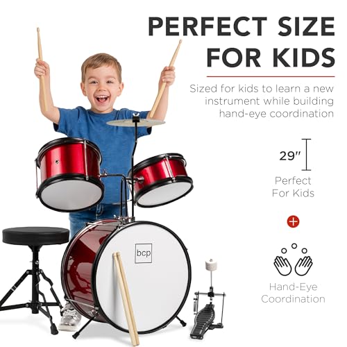 image for Best Choice Products 3-Piece Beginner Drum Set for Kids Juniors, w/Thr