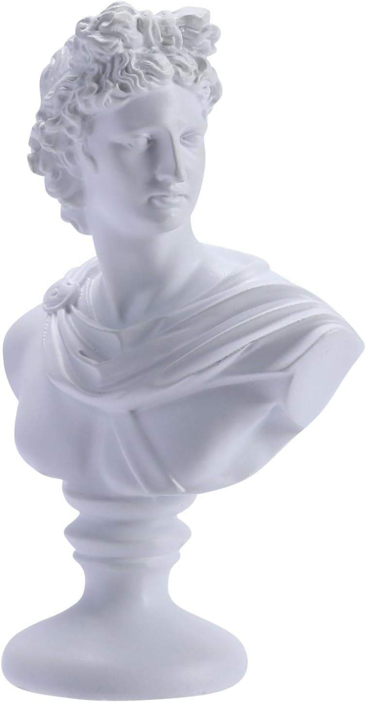 6" H Small White Greek David Head Bust Statue Sculpture Home Decorations, Classic Apollo Ancient Greek Mythology Statue Roman Home Decor or Bookshelves, Shelves, Partition Decor