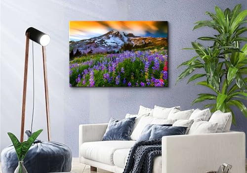 Image of Nature Flowers Landscape Wall Art Mountain Canvas Artwork Purple Floral Picture Wall Decor, Modern Wilderness Scenic Framed Painting for Living Room Bedroom Bathroom Office Home Decoration 24x36 inch