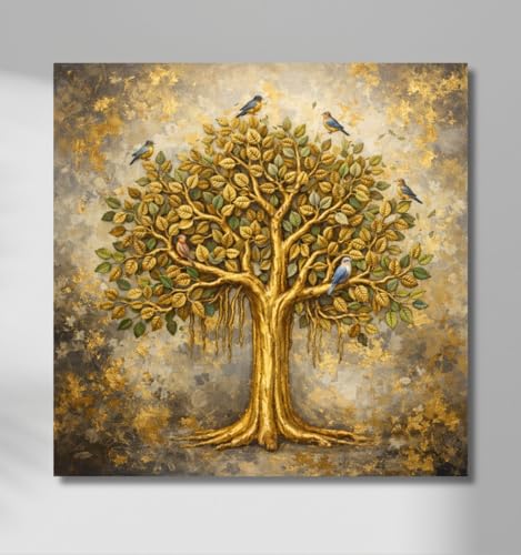 Image of Kunj Cart Kalpavriksha Tree Painting | 8+ DESIGNS | Kalpvriksh Tree Wall Painting | Lucky Tree Wall Art For Living Room, Bedroom and Office Decor | Canvas Painting for Wall Decoration (Design - G, 12x12 Inch, Framed)