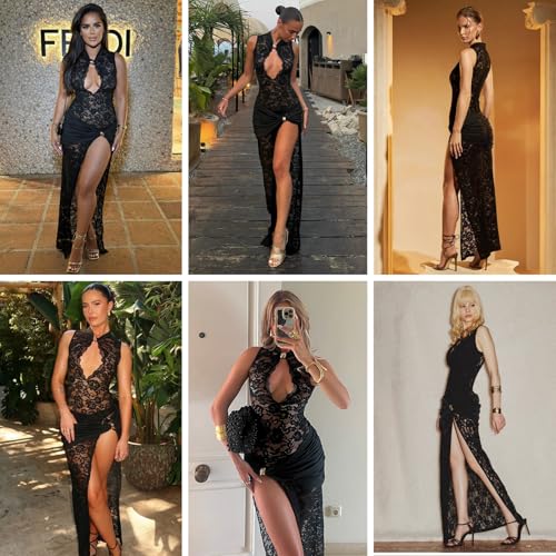 Image of JUMISEE Women's Sexy High Slit See Through Lace Maxi Dress Sleeveless Hollow Out Bodycon Cocktail Dress Evening Gown