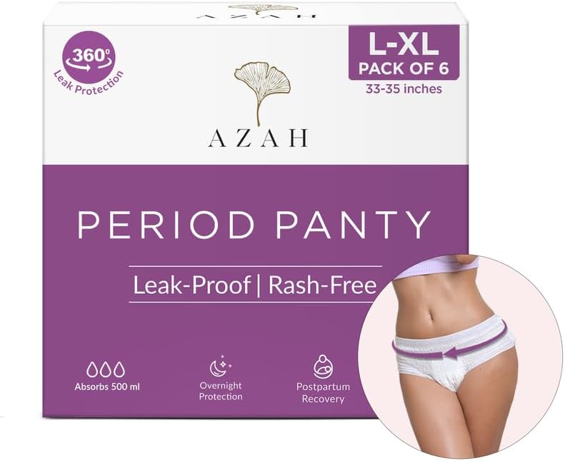 Azah Period Panty for Girls [L-XL, Pack of 6] | Leak Proof & Rash Free | Disposable Period Panty for Women Heavy Flow | 12 Hrs Protection | Super Absorbent 360° Coverage | All Night Protection