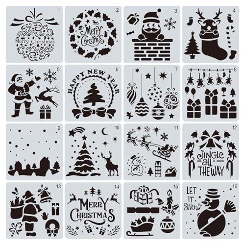 Hopzab 16 Pcs Christmas Stencils Template Reusable Plastic Painting Stencils for DIY Crafts Card Making Art Drawing Painting Spraying and Wall Window Decoration 15 * 15cm