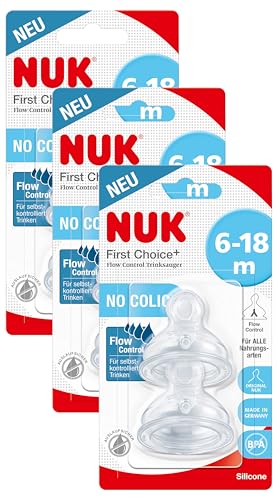 NUK First Choice+ Flow Control Trinksauger für Babyflaschen | 6–18 Monate |Anti-Colic-Ventil | BPA-frei | 2 Stück (Packung mit 3)