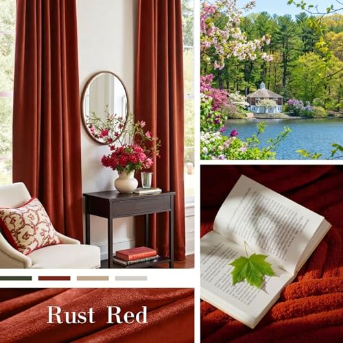 Image of Blackout Rust Red Velvet Curtains Grommet 52x96 Inch 2 Panels | Soft Velvet, For Bedroom & Living Space, Light Shifting Texture, Elegant Luxury Drape, Charming
