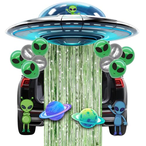 LIANORIST UFO Aliens Trunk or Treat Car Decorations Kit, Trunk or Treat Decorations for Car & SUV, Halloween Decoration for Halloween Party Outdoor Indoor Garage Door with Balloons Streamer Strips