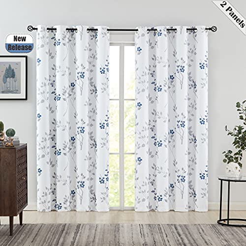 Beauoop Floral Blackout Window Curtain Panels Thermal Insulated Noise Reducing Drapes for Bedroom/Living Room Leaf Energy Saving Window Treatment Sets Grommet Top, Set of 2, 52W x 84L, White/Blue/Gray