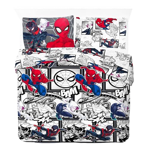 Marvel Spider-Verse Double Duvet Cover | Action-Packed Comic Strip Design | Kids Bedding Set Includes Matching Pillowcase, 100% Polycotton, Red, Black & White, 200 x 200cm