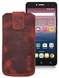 Suncase Original ECHT-Leder Tasche Etui für | Alcatel One Touch Pixi 4 (8050D) Dual-SIM (6 Zoll) | (mit Rückzugsfunktion, Magnetverschluss) Cover Hülle Schutz antik-rot