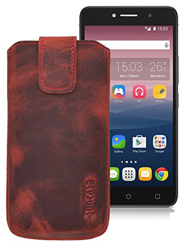 Suncase Original ECHT-Leder Tasche Etui für | Alcatel One Touch Pixi 4 (8050D) Dual-SIM (6 Zoll) | (mit Rückzugsfunktion, Magnetverschluss) Cover Hülle Schutz antik-rot