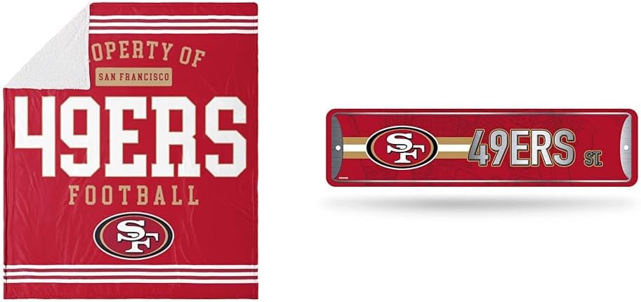 FOCO San Francisco 49ers NFL Team Property of Sherpa Fleece Blanket & Rico Industries NFL San Francisco 49ers Home Décor Metal Street Sign (4" x 15") - Great for Home