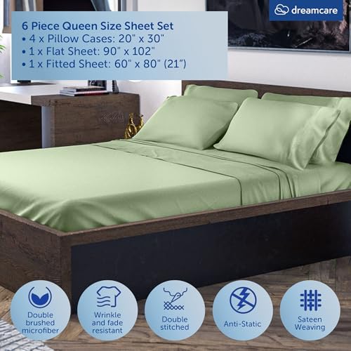 Image of DREAMCARE Queen Sheets - 6 pcs Breathable Cooling Sheets Queen - up to 21 inch | Extra Deep Pocket Queen Sheets Set with Side Pockets - Extra Soft - Queen Sheet Set - Hotel Luxury Queen Bed Sheets SageGreen