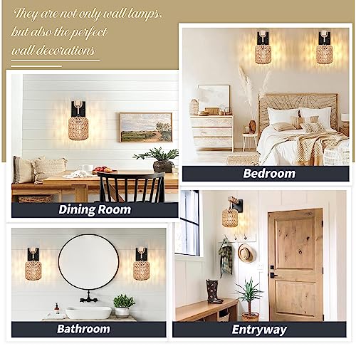 Image of Rattan Boho Wall Sconces Set of Two, Hardwired Hand-Woven Farmhouse Wall Lamps with Wooden Arm & On /Off Dimmable Switch,Large Rustic Indoor Wall Mount Light Fixtures for Bedroom Nursery Bathroom