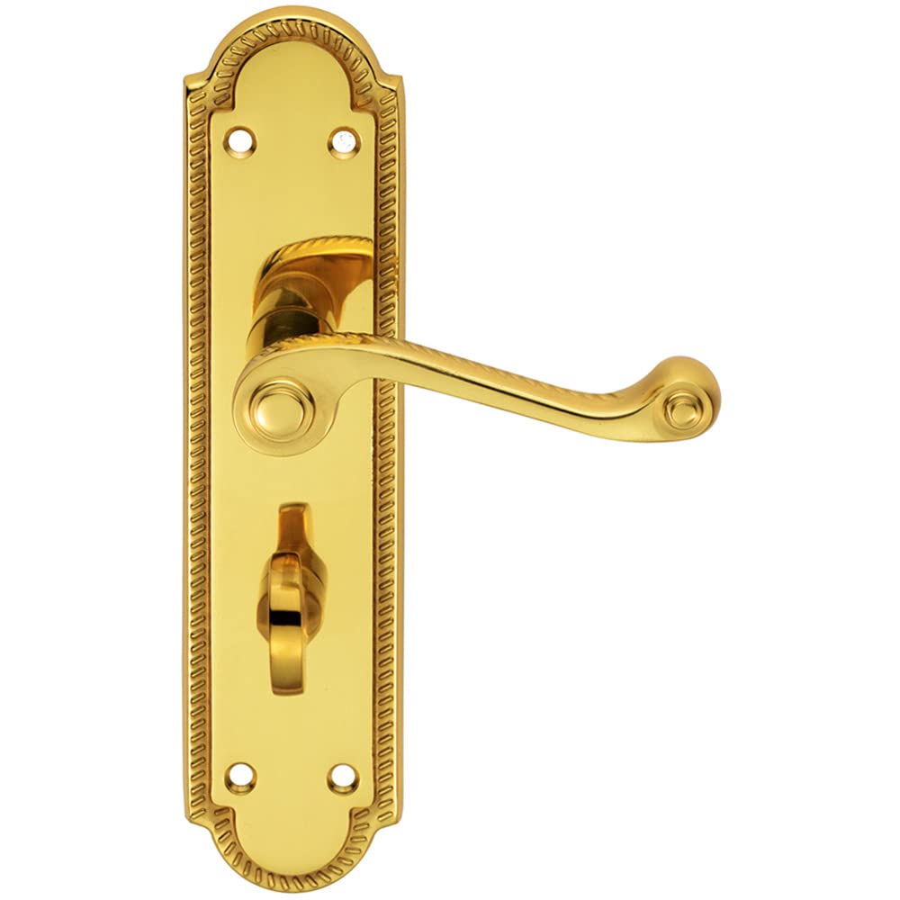 Pair Reeded Scroll Lever on Shaped Bathroom Backplate- 205 x 49mm-Polished Brass | Traditional Lever on Backplate Door Handle - Internal Door Hardware - Lock, Euro, Oval and Latch Options Available