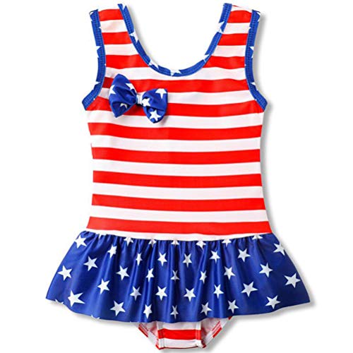 July 4th Baby Girl Ruffled Single Piece American Flag Printed Bow Beach Swimwear Swimsuit Rash Guard (Red, 12M)