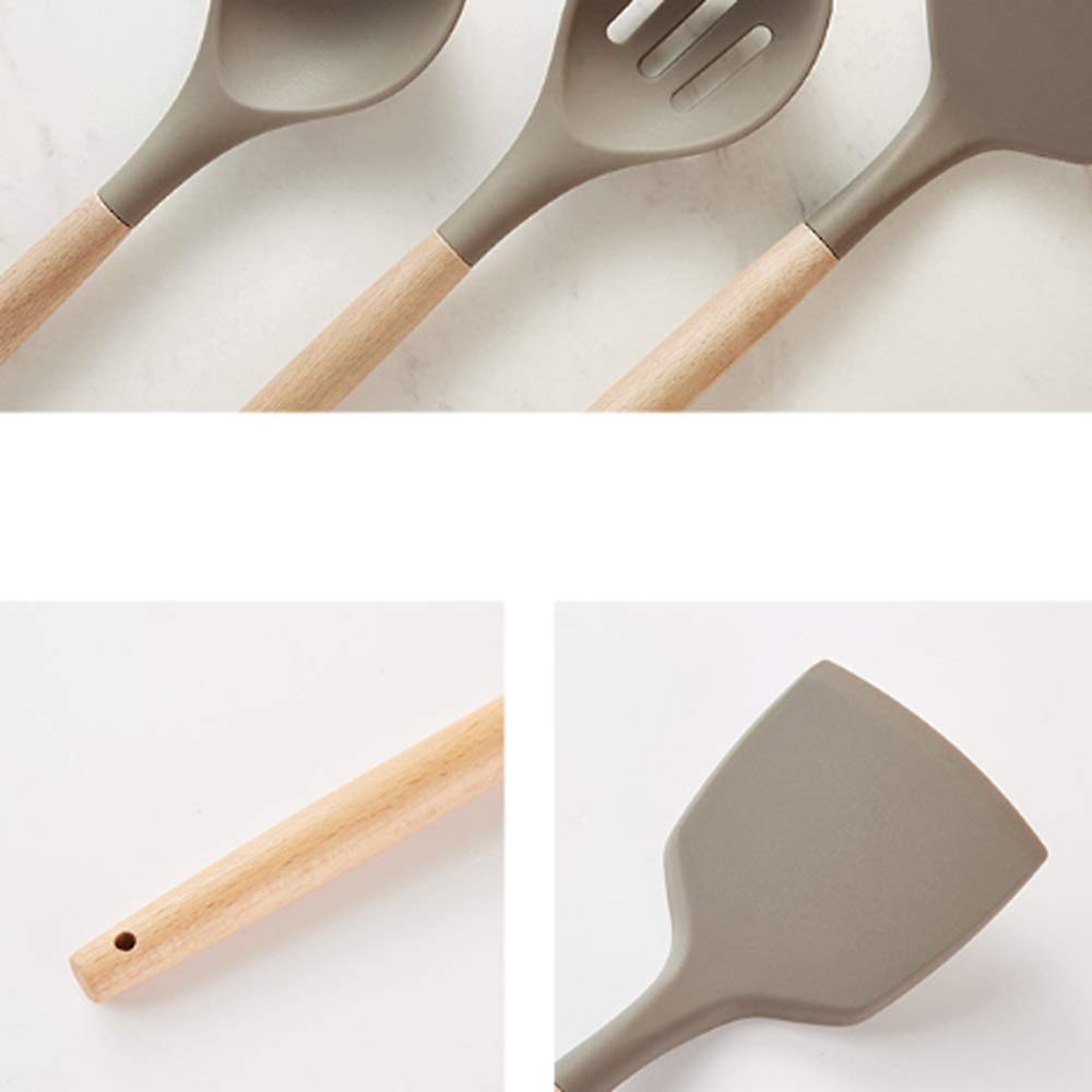 SKUZA Juego de Utensilios de Cocina, Pala de plástico, Cuchara, Cuchara ranurada, Cuchara Antiadherente de Silicona de Grado alimenticio, Mango de Madera de Haya, Juego de Cuchara y Cuchara