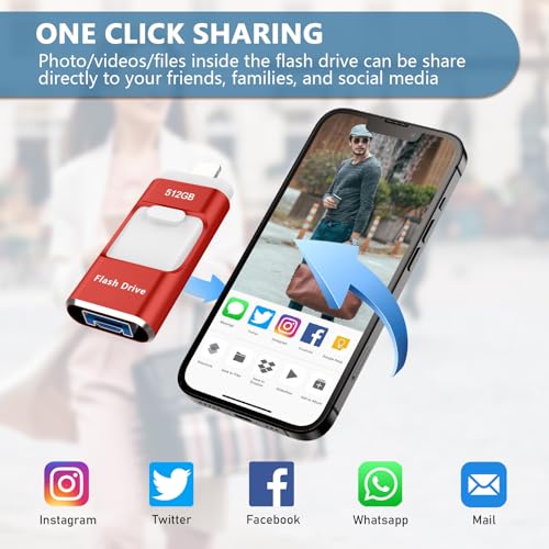 Image of 512GB Flash Drive[No App Required] Intended for Phone Tablet Androidphone and Computers, 4 in 1 Photo Stick for Phone Memory Storage Easily Backup Photos Videos（red）