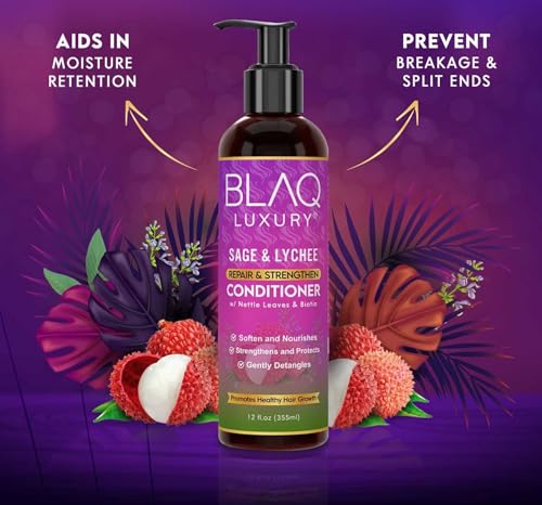 Blaq Luxury Sage and Lychee Repair & Strength Conditioner - Nourishing Formula for Strong, Healthy Hair - Infused with Biotin & Nettle Leaves - Promotes Hair Repair, Growth, and Manageability – 12oz - Image 4