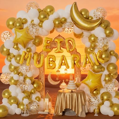 Image of Eid Mubarak Decorations, Ramadan Decorations for Home, 131Pcs White Gold Confetti Balloons Arch Garland Kit with Eid Mubarak Moon Star Foil Balloons for Eid al-Fitr Party