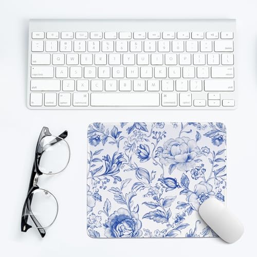 Image of Blue Floral Desk Mat,Blue Chinoiserie Mouse Pad,Blue and White Floral Desk mat,Flower Office Desk Decor, Girly Desk Mat for Dorm Home Office Desktop Decor,10.2x8.2 Inch