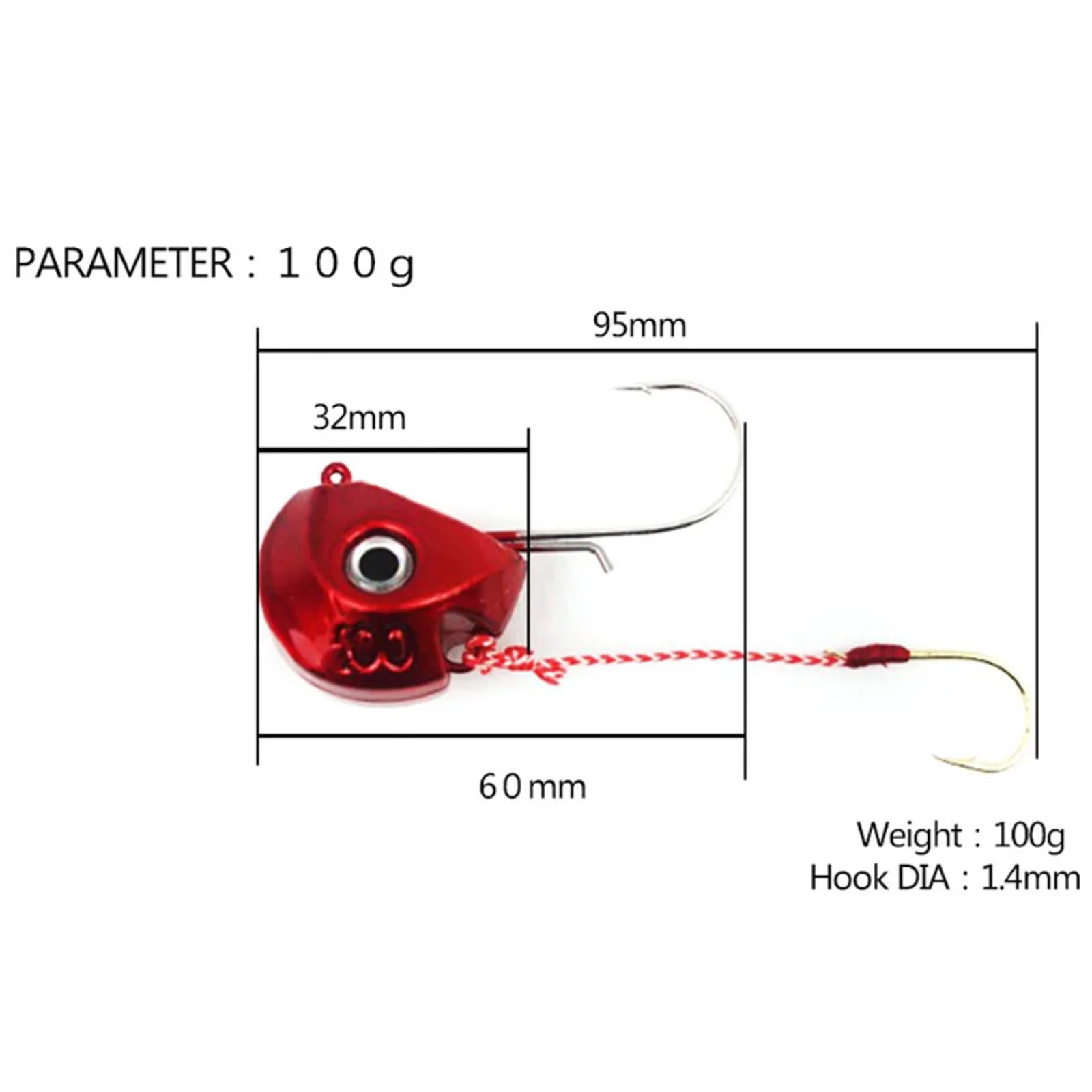 Anzuelos de Pesca con Cabeza de Metal, nuevos señuelos de 40g, 60g, 80g y 100g, anzuelos con un Solo Gancho, Accesorios for Barco for Pesca en el mar(Red,80g)