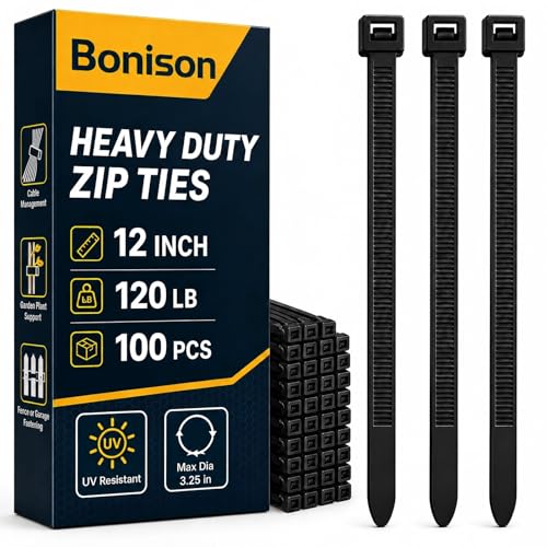 Zip Ties 12 inch Heavy Duty Zip Ties with 120 Pounds Tensile Strength, Black Cable Ties for Multi-Purpose Use, Self-Locking UV Resistant Nylon, 100 Pcs
