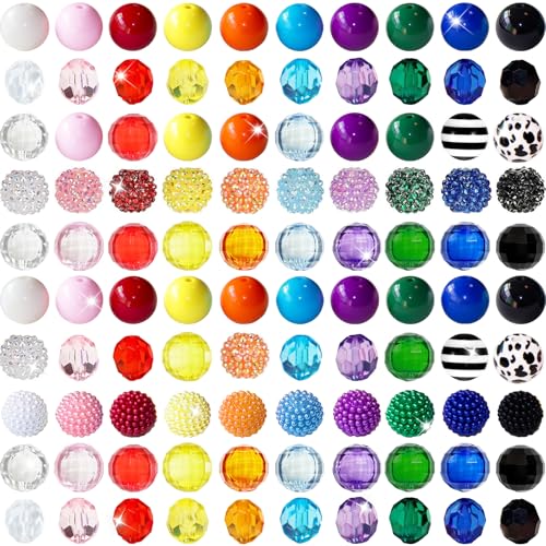 100 Pcs 20mm Beads for Pens Rhinestone Bubblegum Beads Mixed Crystal Acrylic Round Chunky Bead Sparkly Craft Large Balls Bead for Pen Beadable Keychain Bracelet Necklace DIY Jewelry Making Supplies