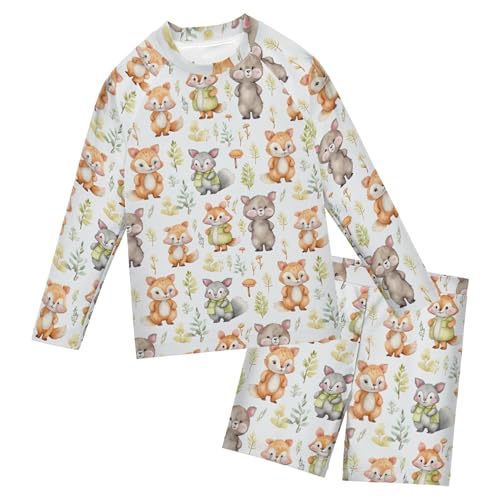 Fox Bear Animal Cute Toddler and Baby Boys' 2-Piece Swimsuit Trunk, Long Sleeve Rashguard Bathing Suit B0402791