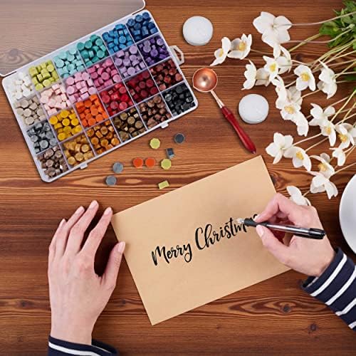Sealing Wax Beads Set, Seal Stamp 24 Colours Octagonal with 1 Spoon and 2 White Candles for DIY Wax Envelopes Letters Wedding Invitations Cards (600 Pieces)