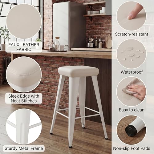 Image of Yongchuang Backless Bar Stools Set of 4, 24 inch Farmhouse PU Leather Barstools | Upholstered Counter Height Stools with Metal Legs, Modern Rustic Kitchen Island Dining Counter Stools Off-White