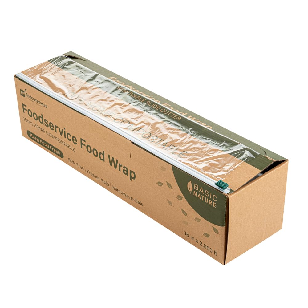Restaurantware Basic Nature - Envoltura de alimentos de 18 pulgadas x 2000 pies, 1 envoltura adhesiva para microondas, con cortador deslizante integrado, plástico transparente congelable, envoltura de