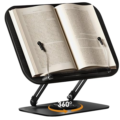 Image of Sunchhaya Book Stand for Reading - Adjustable Wooden Book Holder with 360 Rotating Base, Foldable Reading Rest for Desk, Cookbook Stand, Tablet & Laptop Holder, Height & Angle Adjustable (R51 Black)