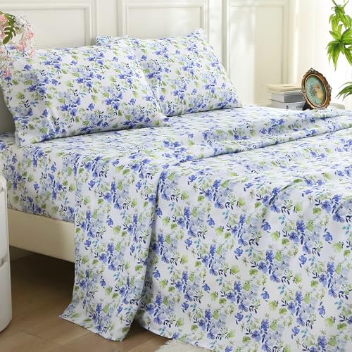 Image of MUXHOMO King Size 4 Piece Sheet Set, Soft & Breathable Sheet for Bedroom with Deep Pocket Up to 16 inch, Wrinkle-Free & Cooling Bed Sheets with Flat Sheet, Fitted Sheet & Pillowcases - Aqua Bloom