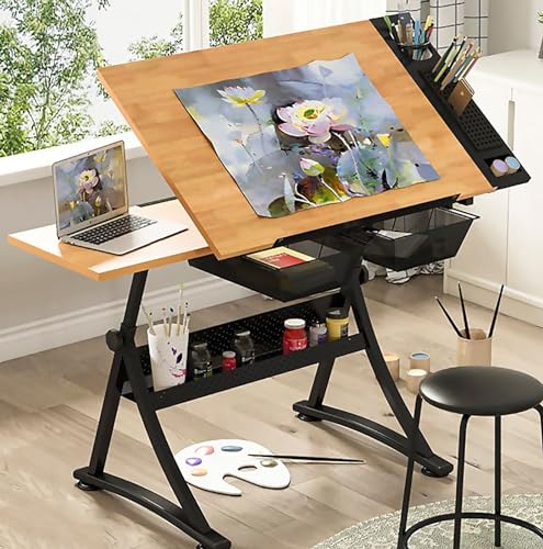 Wooden Drawing Desk with Stool Art Craft Table, Adjustable Height(26.8