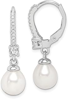 Brincos de prata esterlina 925 branco 8 mm pérola cultivada em água doce zircônia cúbica zircônia zircônia cúbica alavanca pendente pendente brincos alavanca traseira pedra natural concha joias finas para mulheres presentes para ela, Pérola, Zircônia cúbica Pérola