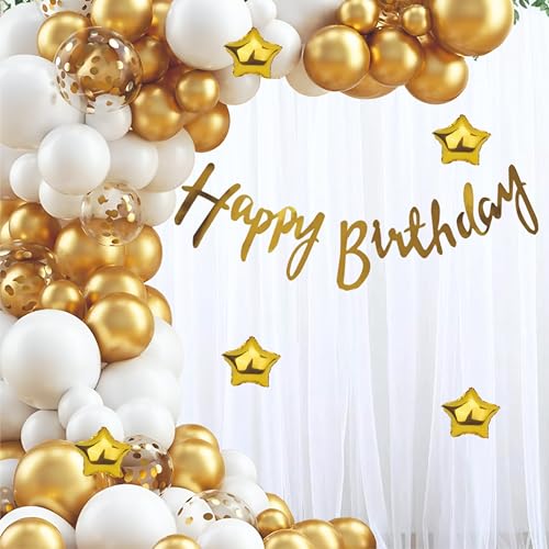 Image of Golden, White Balloons with White Net curtain, Pack of 59 Pcs for Birthday decoration, home party celebration