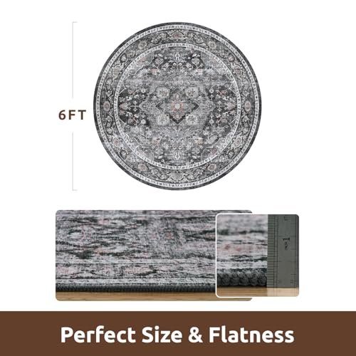 AMOAMI-6FT Round Rug-Rugs for Living Room-Vintage Soft Black Rugs for Bedroom-Non Slip Circle Rug-Machine Washable Rug for Dining Room Living Room Bedroom Office Under Table Dark Grey & Black