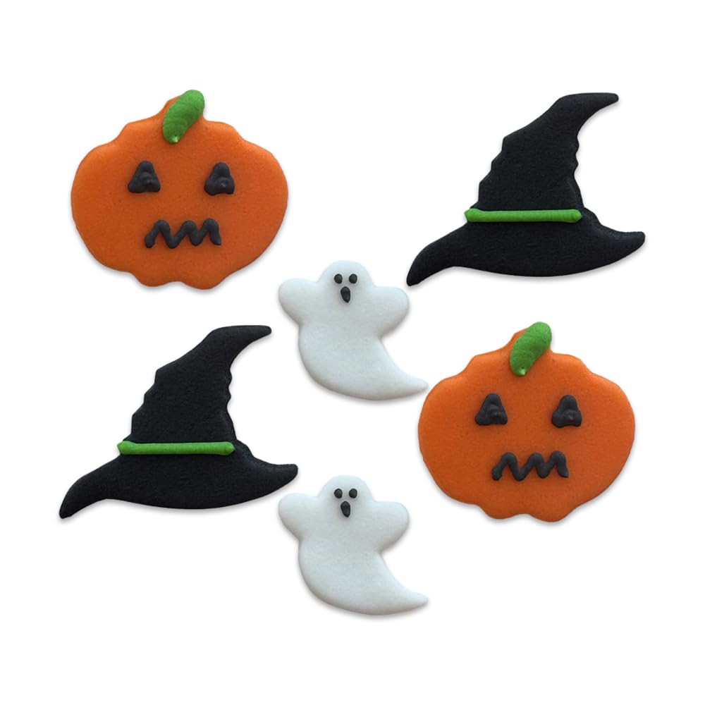Anniversary House Pack 6 Halloween Edible Cake Decorations, Handcrafted Cake Toppers, Edible Fondant Icing Sugar Cupcake Toppers, Pumpkin, Ghost, Witch Hat designs SFX384