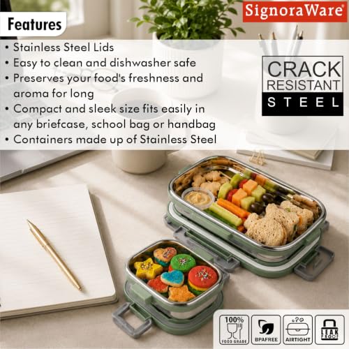 Image of SignoraWare Quickmeal Stainless Steel Big Lunch Box,(900ml+160ml, EGreen), Airtight & Leakproof, Portion Control, Easy to Carry, Ideal for Office, School, Kids & Travel