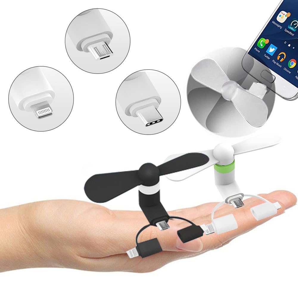 Comioke Wentylator USB 3 w 1 do telefonu komórkowego, kompatybilny z iPhonem, iPadem, smartfonem z systemem Android / tabletem, micro USB/C/Lightning