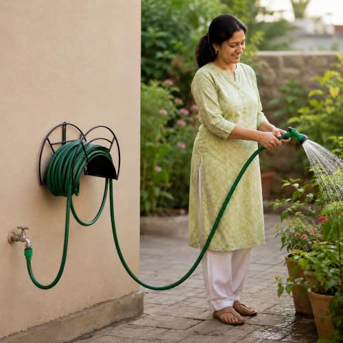 Image of Urban Plant Wall Mount Garden Hose Hanger | Heavy-Duty Watering Hose Reel Holder for Garden, Outdoor, and Garage | Durable Metal Storage Hook for Hose Organization (Black)